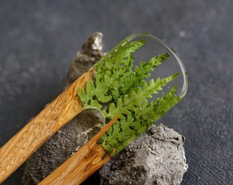 Tenedor de pelo de madera de terrario, palillo de pelo de resina personalizado, horquilla de madera con helecho, horquilla verde, accesorios para el cabello, joyería de madera de resina