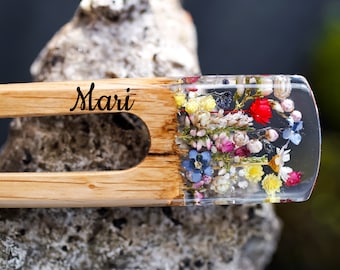 Personalized Hair Fork, Flowers Hair Stick, Custom Bun Holder, Wooden Resin Hairpin, Terrarium Hair Fork, For Long Hair, Gift For Women