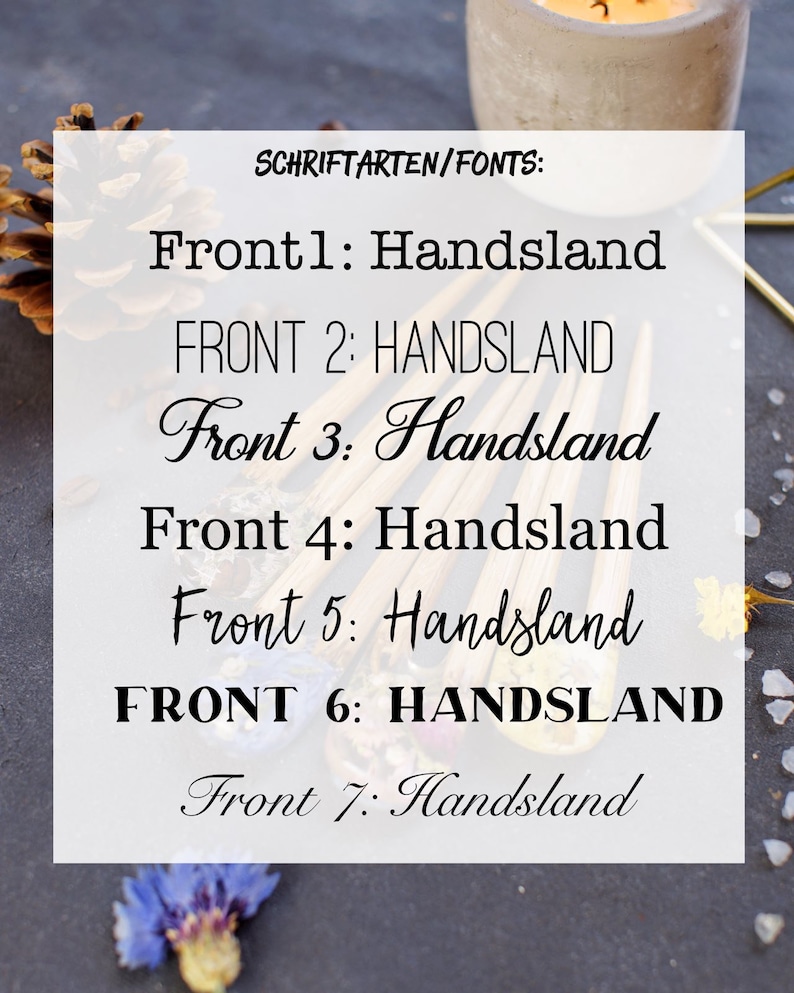 May include: A white square with black text showing different font styles for the word "Handsland". The text is in all caps, lowercase, and a combination of both. The text is in a variety of font styles, including script, sans serif, and serif.