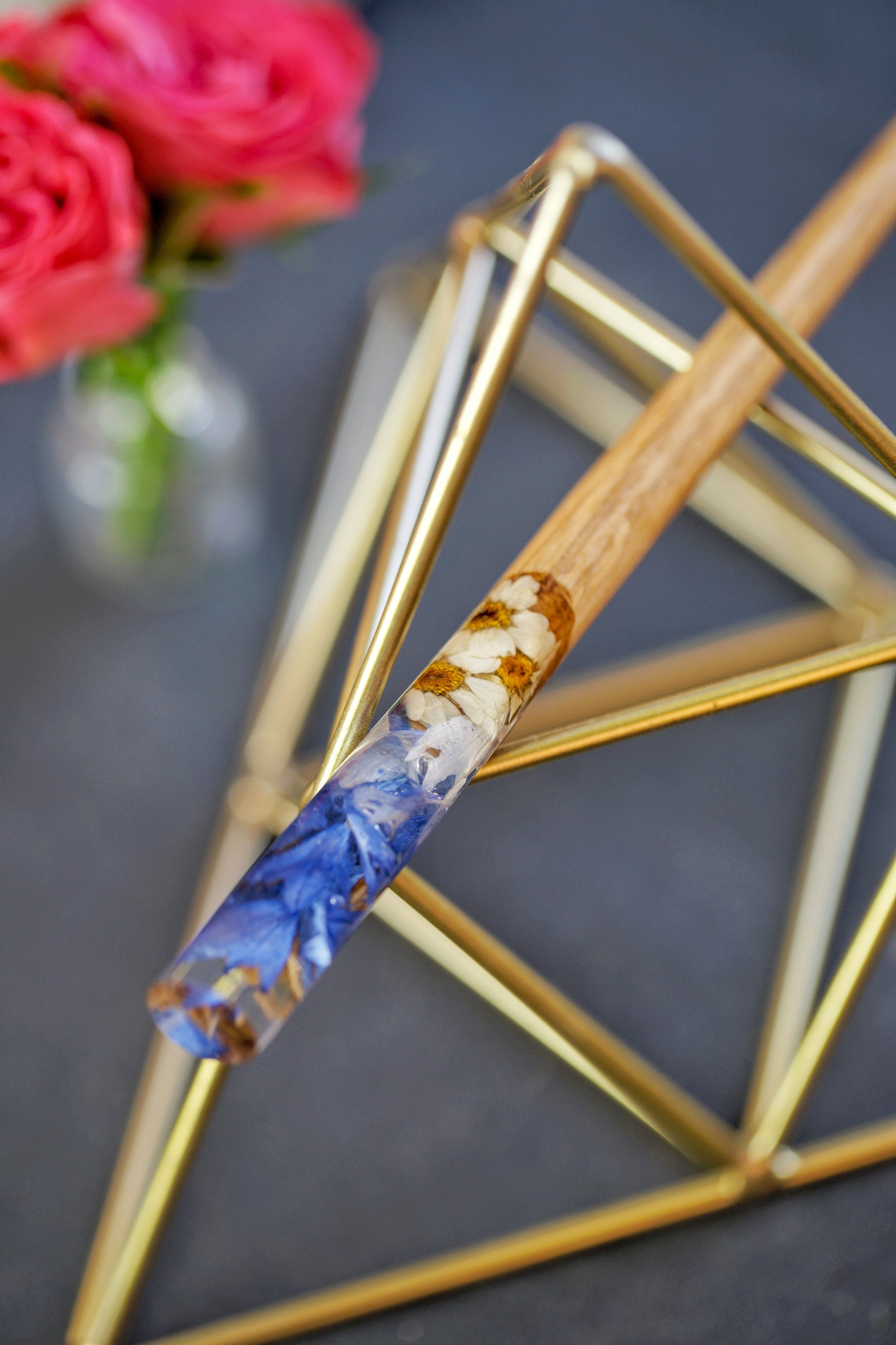 Wood Hairpin with Flowers, Bun holder for women, Terrarium Hair Stick, Hair Fork With Cornflower, Women Gift for Her, Hair Accessories