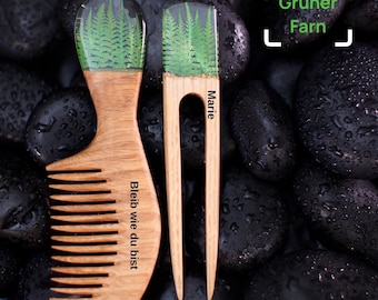 Haar Set mit Farn, Personalisierter Terrarium Kamm, Zweizinkige Haargabel, Umweltfreundliche Haarspange, Eichenholz Weihnachtsgeschenk