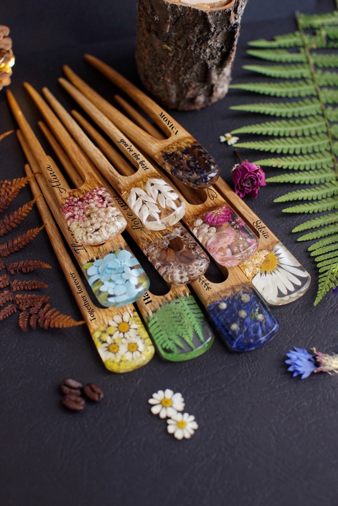 Personalized Hair Fork, Wooden Resin Hairpin, Custom Bun Holder, Terrarium Hair Fork, Flowers Hair Stick, For Long Hair, Christmas gift