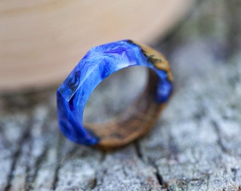 Blue Resin Wood Ring, Band Rings, Wood Resin Jewelry, Resin Band Rings for Men, Women Ring Wooden, Birthday Gift