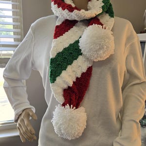 May include: A white, green, and red striped scarf with white pom-poms on the ends.