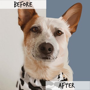 May include: A before and after image of a dog's face. The left side of the image shows a photo of a dog with brown and white fur. The right side of the image shows a cartoon illustration of the same dog with white fur and brown ears.
