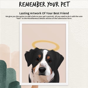 May include: A digital illustration of a black and white dog with a halo above its head. The dog is looking directly at the viewer. The background is a light pink color.