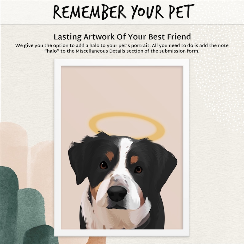 May include: A digital illustration of a black and white dog with a halo above its head. The dog is looking directly at the viewer. The background is a light pink color.