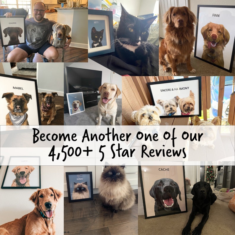 May include: A collage of framed pet portraits with various dog breeds and a cat. The portraits are in black frames with white mats. The text "Become Another one of our 4,500+ 5 Star Reviews" is at the bottom of the collage.