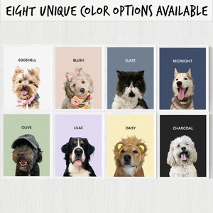May include: Eight unique color options for pet portraits are displayed in a grid. Each square features a different color background and a pet illustration. The colors are eggshell, blush, slate, midnight, olive, lilac, daisy, and charcoal.