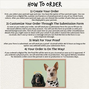 May include: How to order a custom pet portrait.  The image shows a green background with a white border.  Inside the border is a painting of two dogs.  One dog is a black and brown dachshund with a halo above its head.  The other dog is a white and brown dog with a black and white bandana.  The text on the image reads: "How to Order", "1) Create Your Order", "2) Customize Your Order Through The Submission Form", "3) Wait For Your Proof", "4) Your Order Is On The Way!"