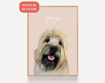 May include: A digital illustration of a light brown dog with a pink nose and tongue. The dog is looking directly at the viewer. The background is a light pink color. The name "George" is written in white cursive at the top of the image.