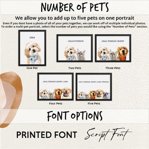 May include: A guide to ordering a custom pet portrait with up to five pets. The image shows examples of portraits with one, two, three, four, and five pets. The text reads "Number of Pets" and "Font Options".