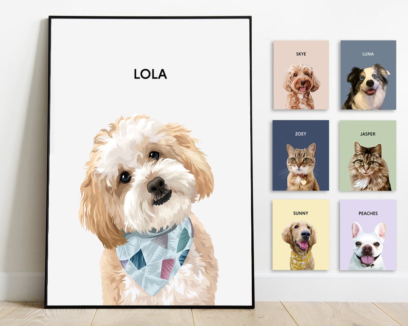 May include: A framed print of a white and brown dog with a blue bandana. The dog's name is "LOLA" printed in black text at the top of the print.