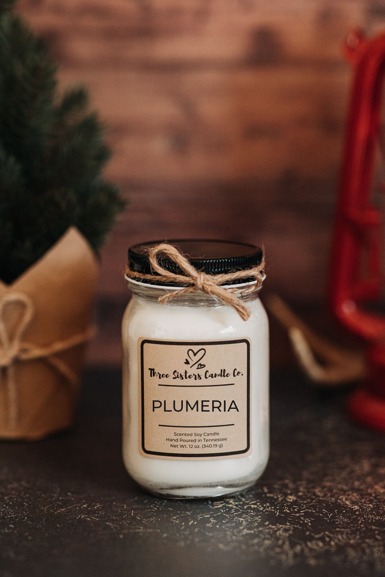May include: A white soy candle in a clear glass jar with a black lid and a brown twine bow. The label reads "Three Sisters Candle Co." and "PLUMERIA" with the text "Scented Soy Candle, Hand Poured in Tennessee, Net Wt. 12 oz. (340.19 g)".