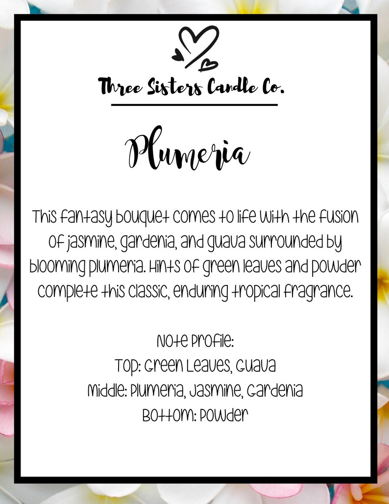May include: A white card with black text describing a Plumeria candle from Three Sisters Candle Co. The text describes the scent as a fantasy bouquet with notes of jasmine, gardenia, guava, plumeria, green leaves, and powder.