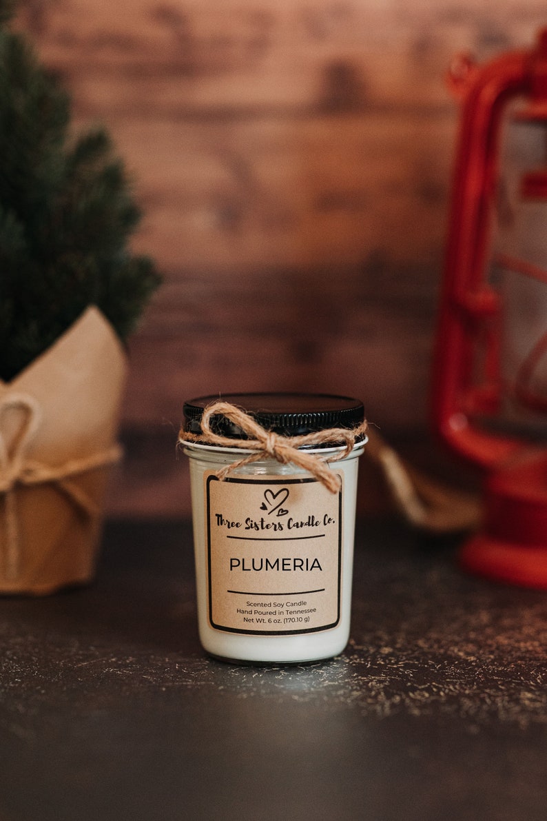 May include: A white soy candle in a glass jar with a brown paper label that reads "Three Sisters Candle Co." and "PLUMERIA". The label also states "Scented Soy Candle", "Hand Poured in Tennessee", and "Net Wt. 6 oz. (170.10 g)".