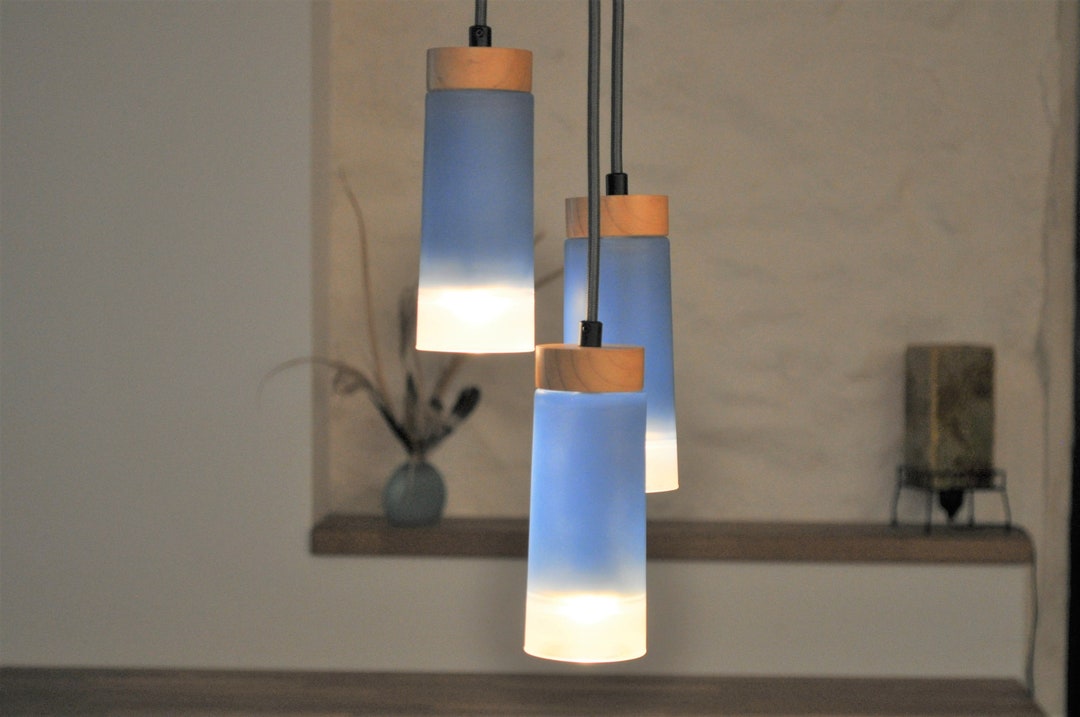 Pendant Light 3 Blue Lamps in Glass and Wood Contemporary Look Etsy