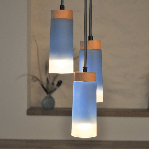 Suspension luminaire 3 lampes bleu en verre et bois  aspect contemporain
