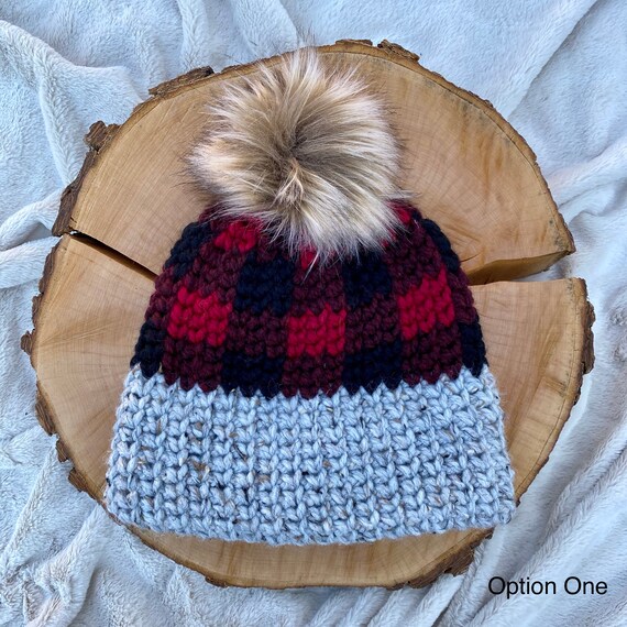Unisex Crochet Buffalo Plaid Beanie with Removable Faux Fur Pom