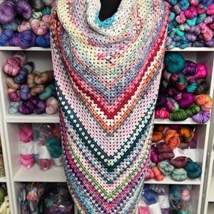 May include: A colorful crocheted shawl with a triangular shape, displayed on a black mannequin. The shawl is made with a variety of colors, including pink, purple, blue, green, and white. The shawl is displayed against a white background with shelves of yarn.
