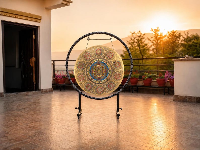 May include: A circular metal gong suspended within a black metal frame. The gong surface features a detailed, colorful mandala design with intricate geometric patterns in shades of gold, blue, red, and green, centered around a square motif.