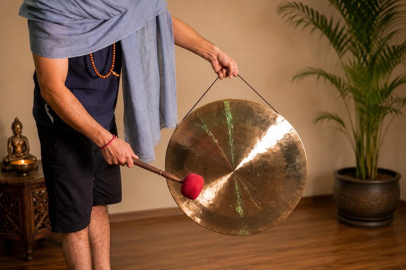 Handgjord tibetansk Gong från Nepal, sjumetallsljudshälsoinstrument, handhamrat meditations- och yogaterapiverktyg bild 10