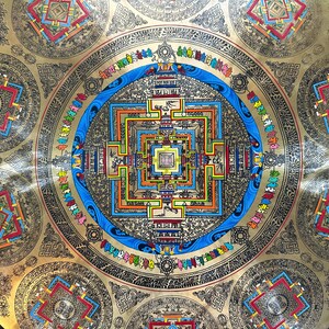 May include: A circular brass plate featuring an intricate mandala design with a central square structure, surrounded by concentric rings of blue, black, and gold patterns. Smaller square motifs are arranged around the outer edge.