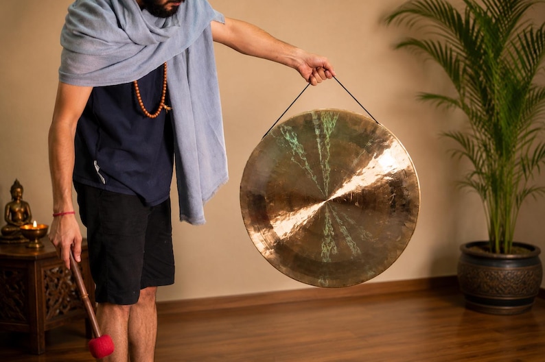 Handgjord tibetansk Gong från Nepal, sjumetallsljudshälsoinstrument, handhamrat meditations- och yogaterapiverktyg bild 11