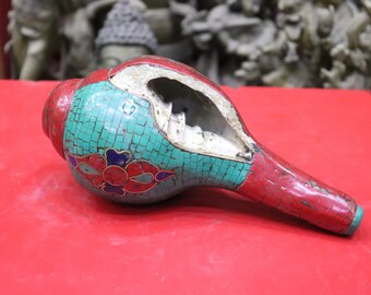 Rare Tibetan Buddhist Sankha 9" Inches Shell Sankha Bajra Sankha Nepal Vintage Sankha Handmade Red Coral Turquoise Sankha from Nepal