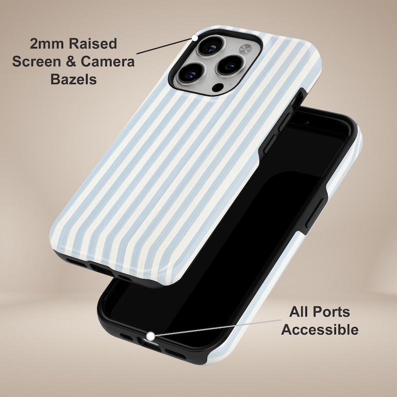 May include: A phone case with a light blue and white striped design. The case has a black border and features the text "2mm Raised Screen & Camera Bazels" and "All Ports Accessible".
