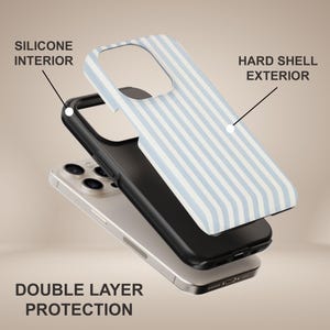 May include: An exploded view of a phone case, featuring a light blue and white striped hard shell, a black silicone interior, and a phone. The image emphasizes the double layer protection. Text on the image reads: "SILICONE INTERIOR", "HARD SHELL EXTERIOR", and "DOUBLE LAYER PROTECTION".