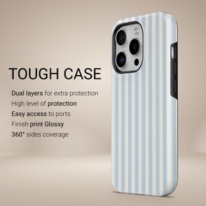 May include: A tough phone case featuring a blue and white striped design. The case has a glossy finish and offers 360&deg; side coverage. The text "TOUGH CASE" is displayed at the top, with additional text describing the case's features.