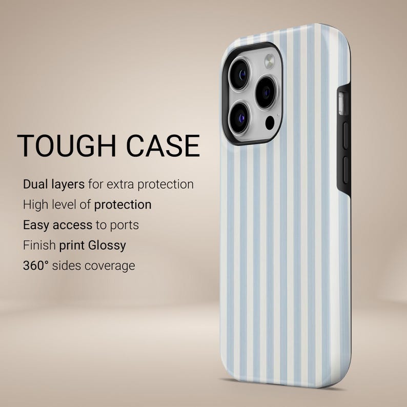 May include: A tough phone case featuring a blue and white striped design. The case has a glossy finish and offers 360&deg; side coverage. The text "TOUGH CASE" is displayed at the top, with additional text describing the case's features.