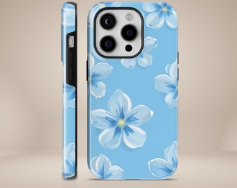 May include: A blue phone case with a floral pattern. The case has a cutout for the camera lens and a white background.