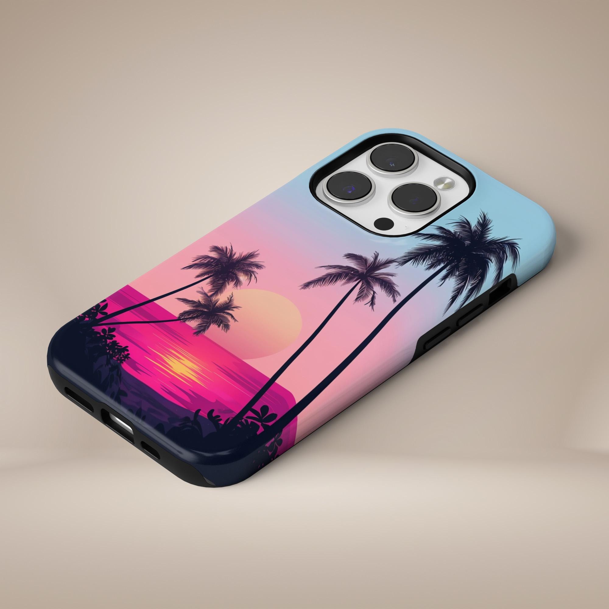 Palm Trees Phone Case Sunset Evening Sand Beach Tropical Sun Tough Cover for iPhone 16 15 14 13 12 Pixel 9Pro XL 8 7A 6 Samsung S24 S23 S22