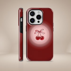 Coque de portable cerise Coquette Cerises bourgognes, coque résistante et durable pour iPhone 16, 15, 14, 13, 12, Pixel 9Pro XL, 8 7A 6, Samsung S24, S23, S22
