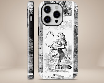 Könnte beinhalten: Eine schwarz-weiße Handyhülle mit einer Illustration von Alice im Wunderland. Das Design zeigt Alice, die einen Flamingo hält, mit anderen Charakteren und Szenen aus der Geschichte. Die Hülle wird von vorne und von der Seite gezeigt.
