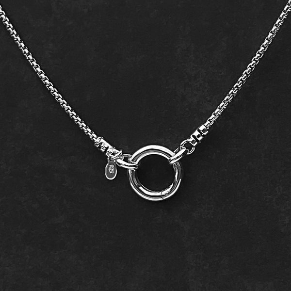 Solid 925 Sterling Silver Box Chain Necklace, 1.8mm with Round Front Clasp Pendant Clip Charm Clip Front Circle Clasp