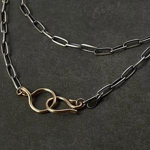 Oxidized Sterling Silver Paperclip Necklace 3mm with 14k Gold Filled Clasp hook and Ring | Mixed Metal Necklace | Oxidized Silver Necklace