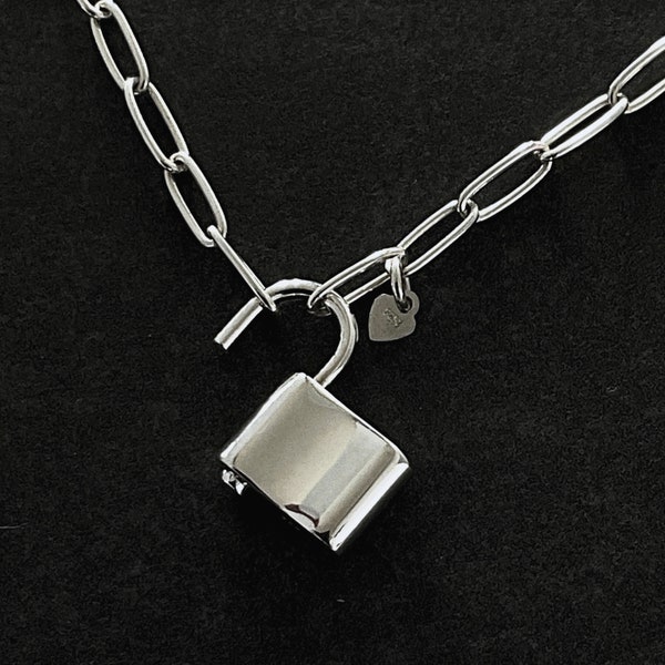 Solid Sterling Silver Padlock Necklace Paperclip Necklace 3mm width with Front Pad Lock Clasp Closure Paperclip Pad Lock Necklace