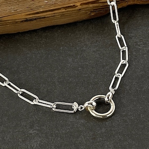 Solid 925 Sterling Silver Paperclip Necklace 5mm with Front Clasp Round Push Clasp Circle Clasp Add your own charm pendant