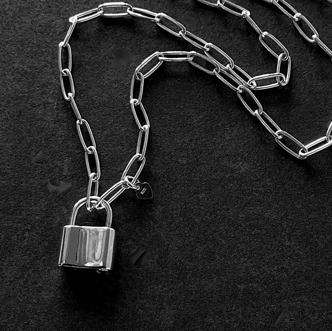Solid Sterling Silver Padlock Necklace Paperclip Necklace