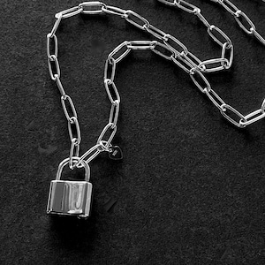 Solid Sterling Silver Padlock Necklace Paperclip Necklace 3mm width with Front Pad Lock Clasp Closure Paperclip Pad Lock Necklace