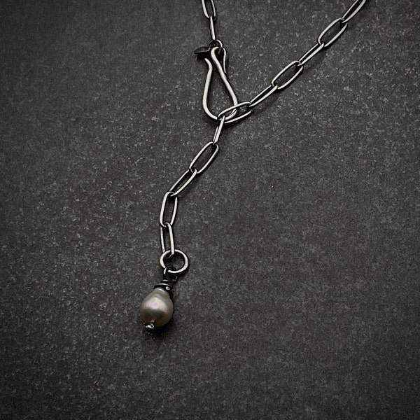 Oxidized Sterling Silver Paperclip Necklace Paperclip Chain 3mm Front Clasp Hook Clasp and Baroque Pearl Lariat Pearl Drop Necklace