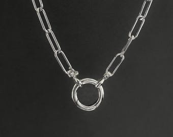 Sterling Silver Paperclip Chain Necklace Round Push Clasp Pendant Holder