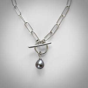 Sterling Silver Paperclip Necklace 4.3mm width with Freshwater Pearl Necklace Gray or White  Front Toggle Necklace 925 Sterling Silver