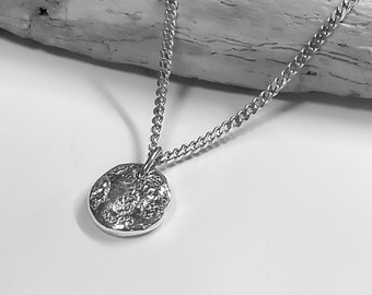 Solid Sterling Silver Coin Pendant Necklace Curb Chain 2mm width Organic Coin Pendant Charm Handcrafted Organic Coin Nugget Minimalist Gift