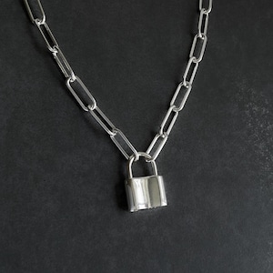Solid Sterling Silver Padlock Necklace Paperclip Necklace 4.3mm | Pad lock clasp front closure | Gift for Her | Silver Lock Necklace