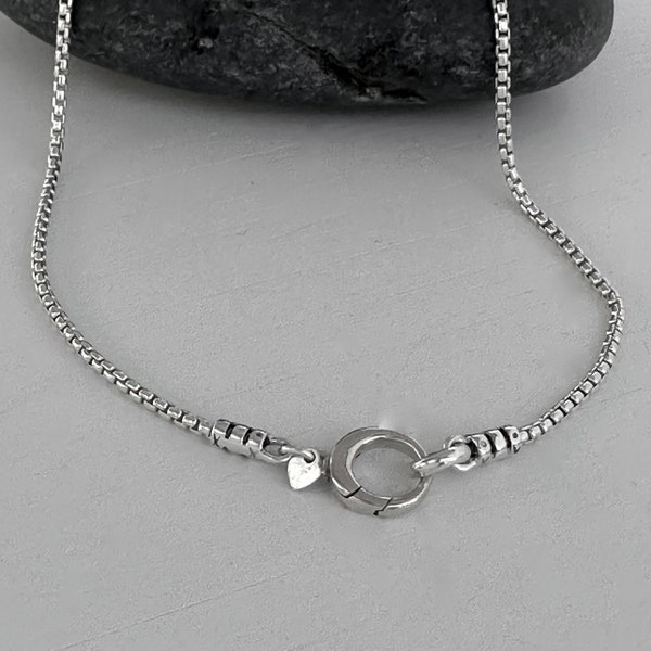 Solid Sterling Silver Box Chain Necklace 1.8mm wide Rounded Box Chain with Round Front Clasp Charm Clip Pendant Clip