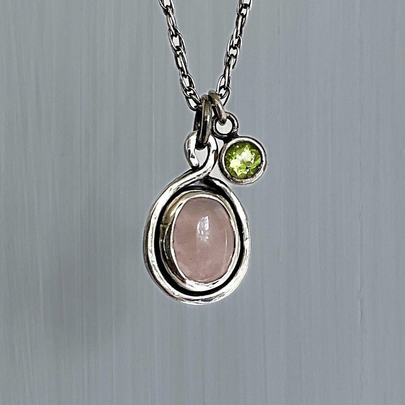 Rose Quartz Pendant and Peridot Charm Dainty Sterling Silver Rope Chain ...